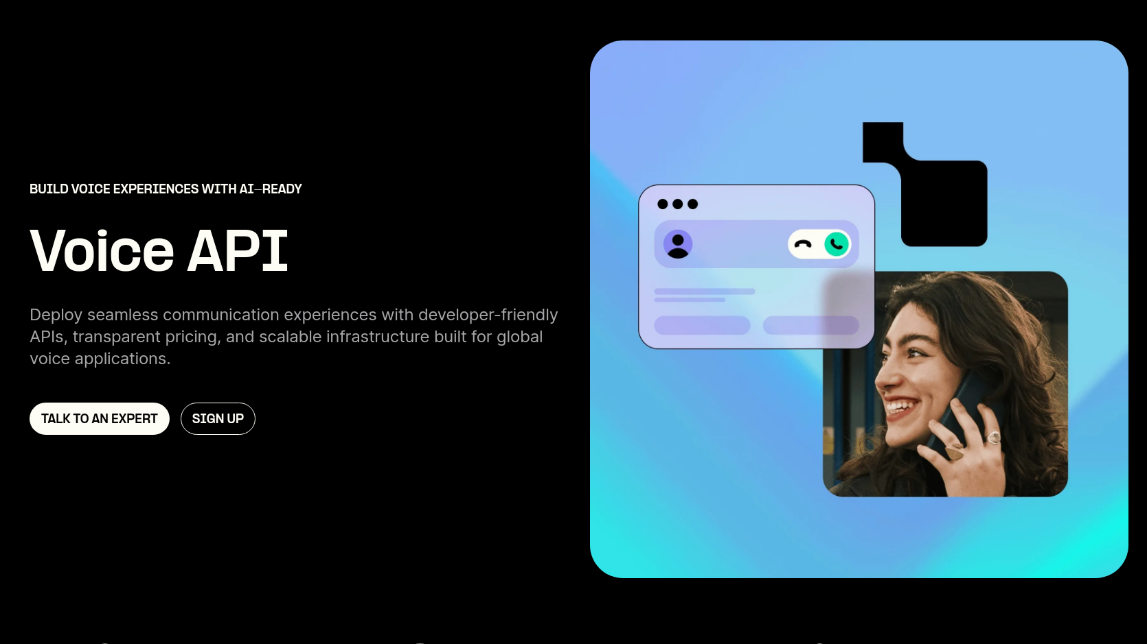 Telnyx Voice API product page listing global reach, low latency, and AI-ready features