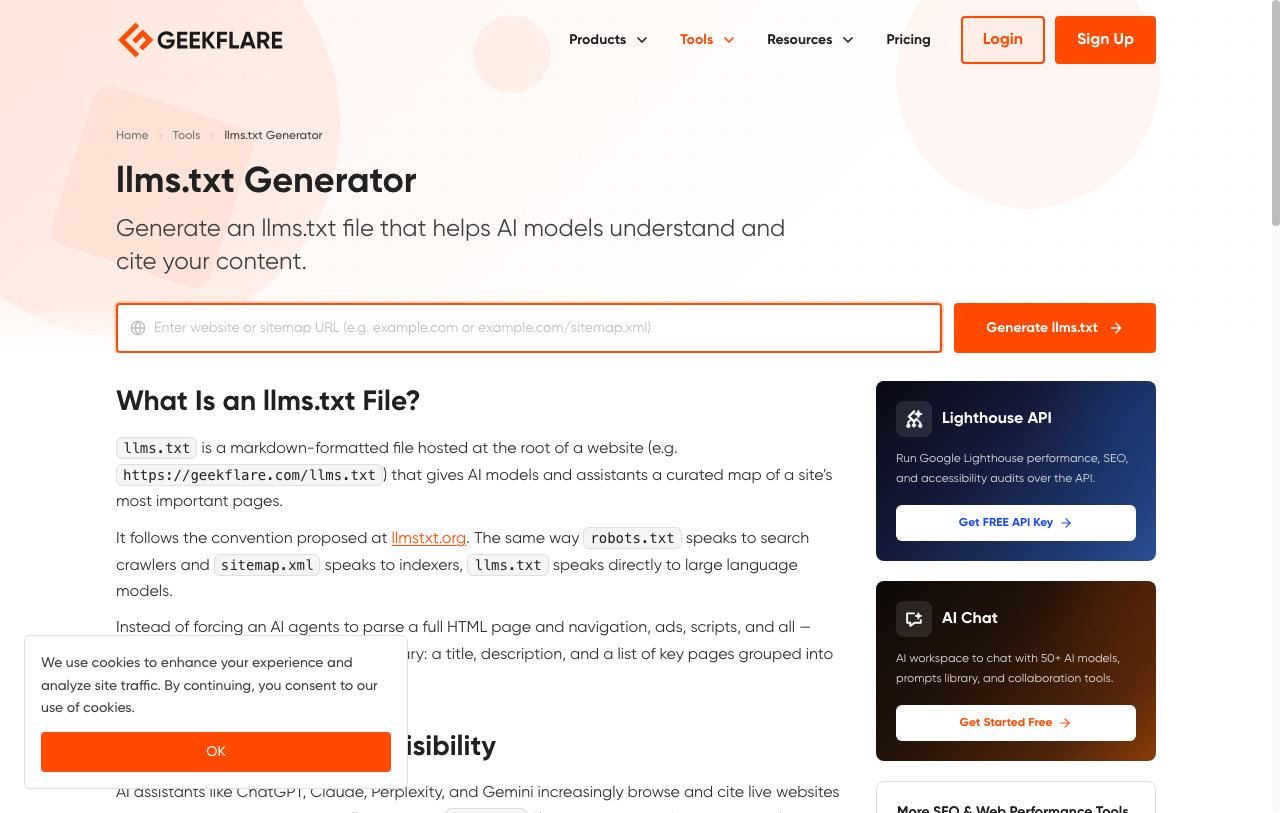 Geekflare llms.txt Generator tool interface