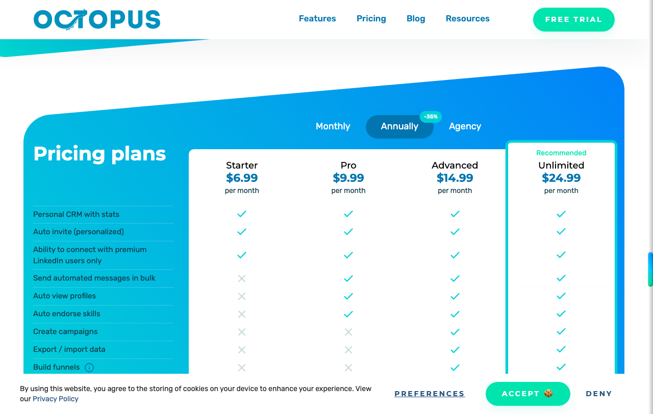 Octopus CRM LinkedIn automation pricing plans