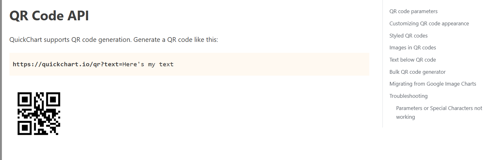 QuickChart's QR code API documentation.