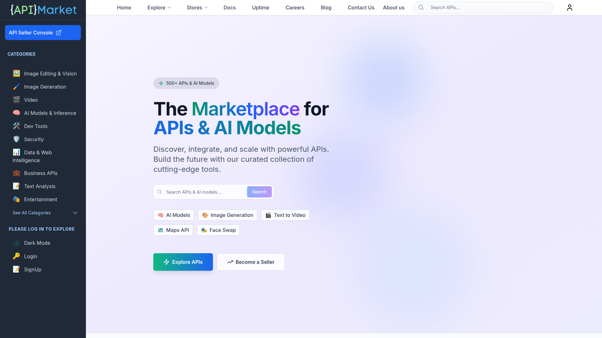 API.market homepage showing its AI model and API categories and a Become a Seller button