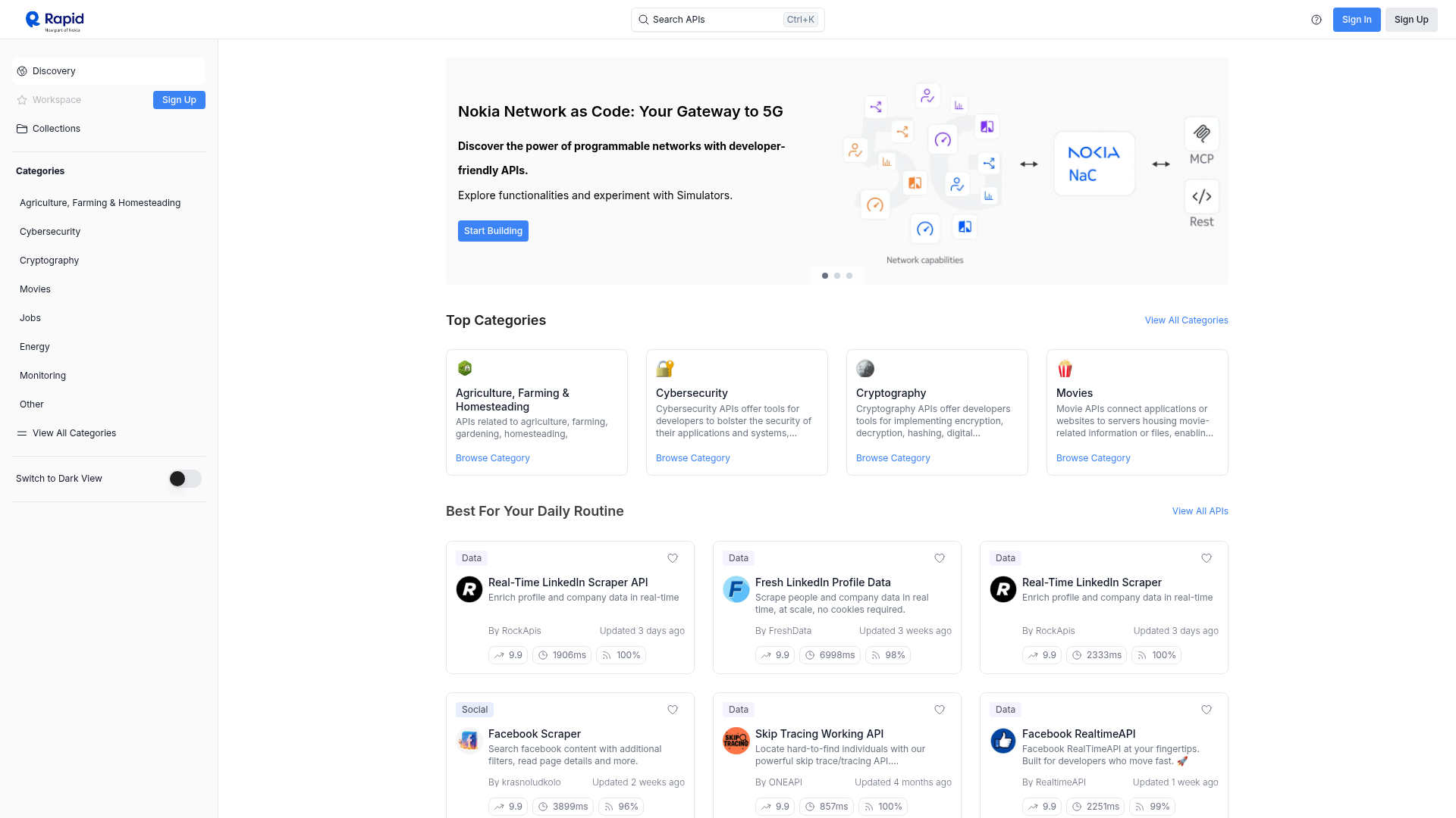 Rapid API Hub marketplace homepage showing category browsing and a Nokia Network as Code banner