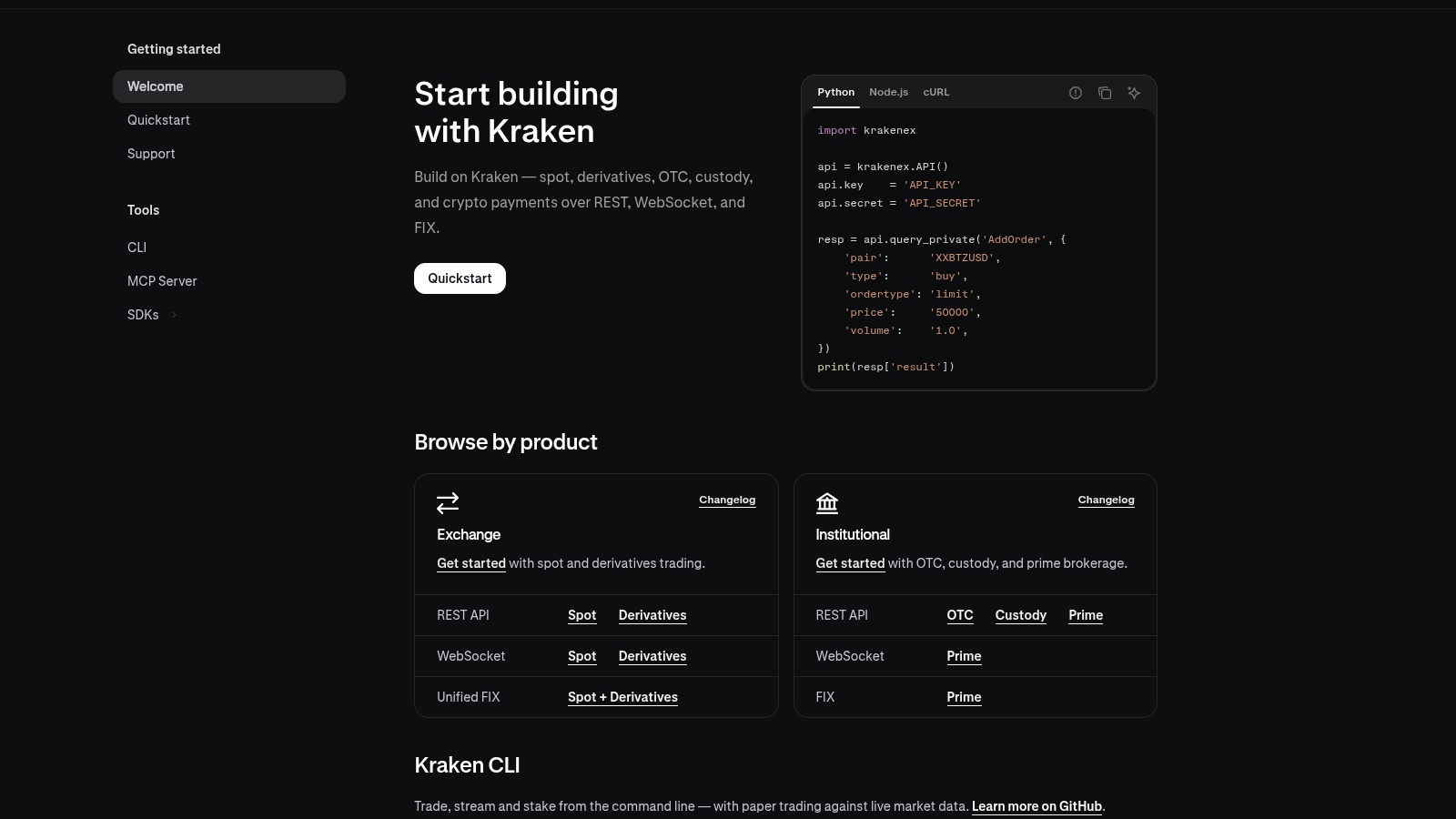 Kraken API developer documentation with code sample