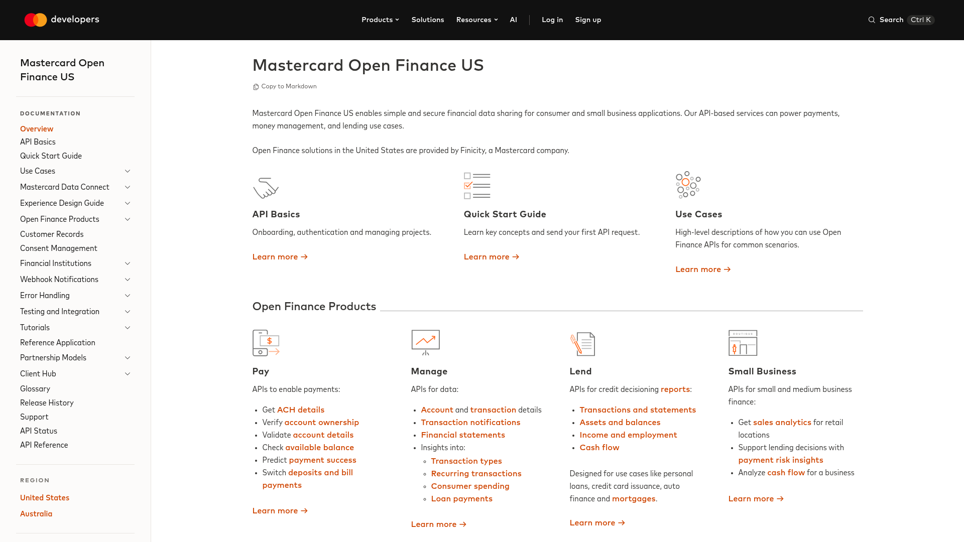 Mastercard Open Finance US developer documentation showing the Pay, Manage, and Lend API families