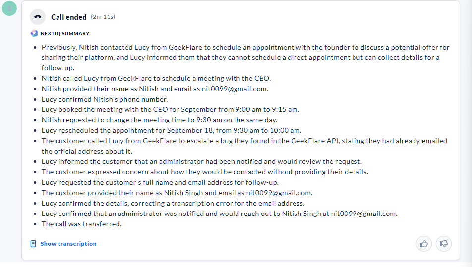 Sample transcript of a test call performed with XBert on Sep 18, 2026.