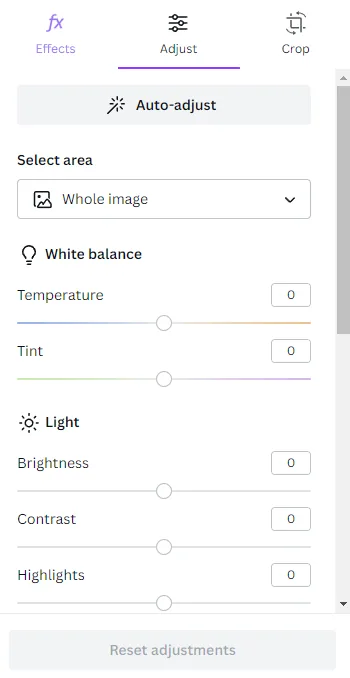 Canva adjust panel
