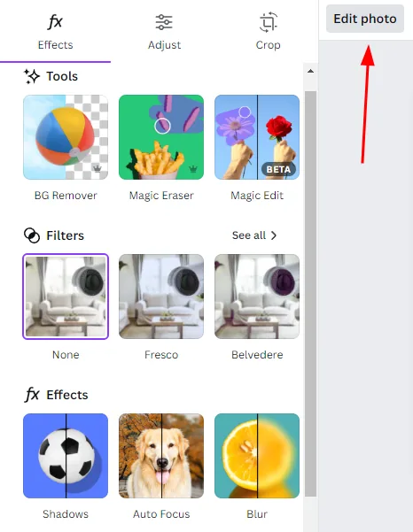 Canva edit photo panel