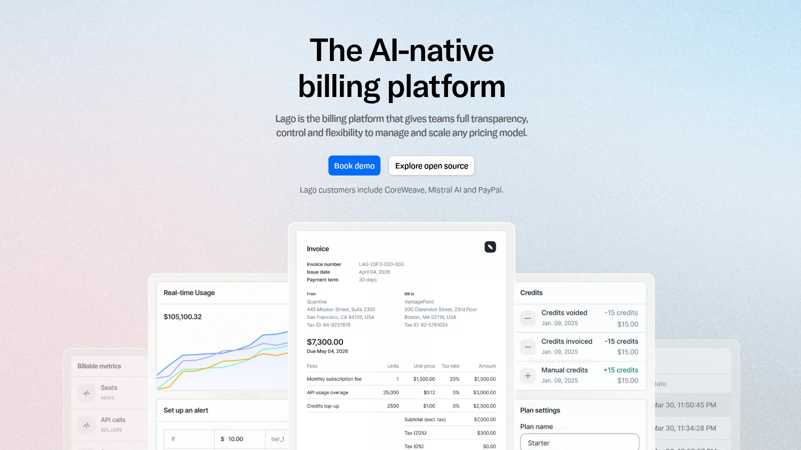 Lago homepage describing its open-source AI-native billing platform