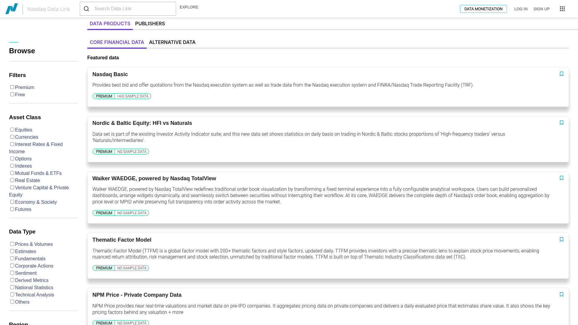 Nasdaq Data Link catalog with asset-class and data-type filters and featured datasets