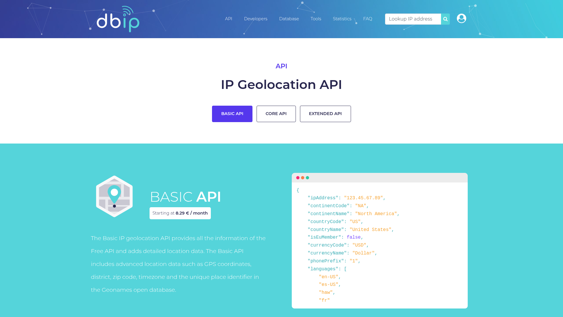 DB-IP IP geolocation API page with tabs for the Basic, Core and Extended API tiers and a sample JSON response