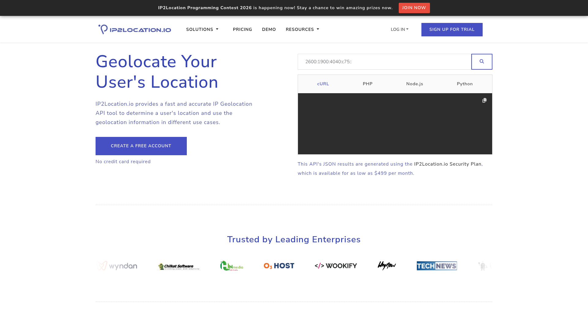 IP2Location.io home page with the heading Geolocate Your User's Location and a call to action to create a free account