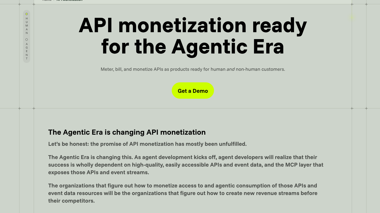 Kong API Monetization solutions page describing metering, billing, and monetizing APIs as products for the Agentic Era