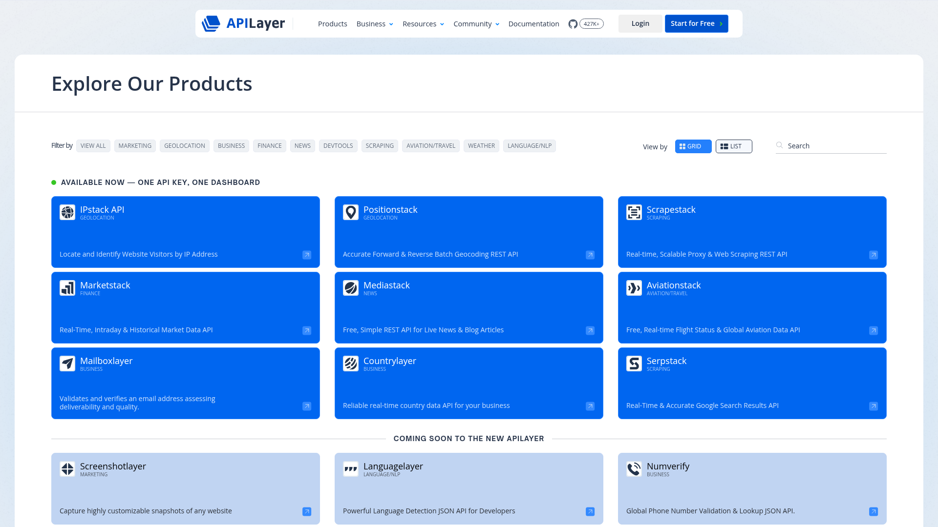 APILayer products page showing its curated catalog of listed APIs by category
