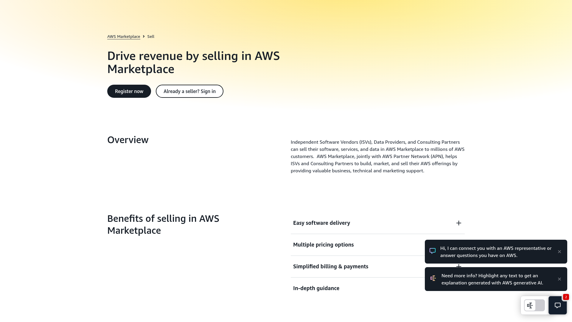 AWS Marketplace seller overview page describing how to build, market, and sell a product