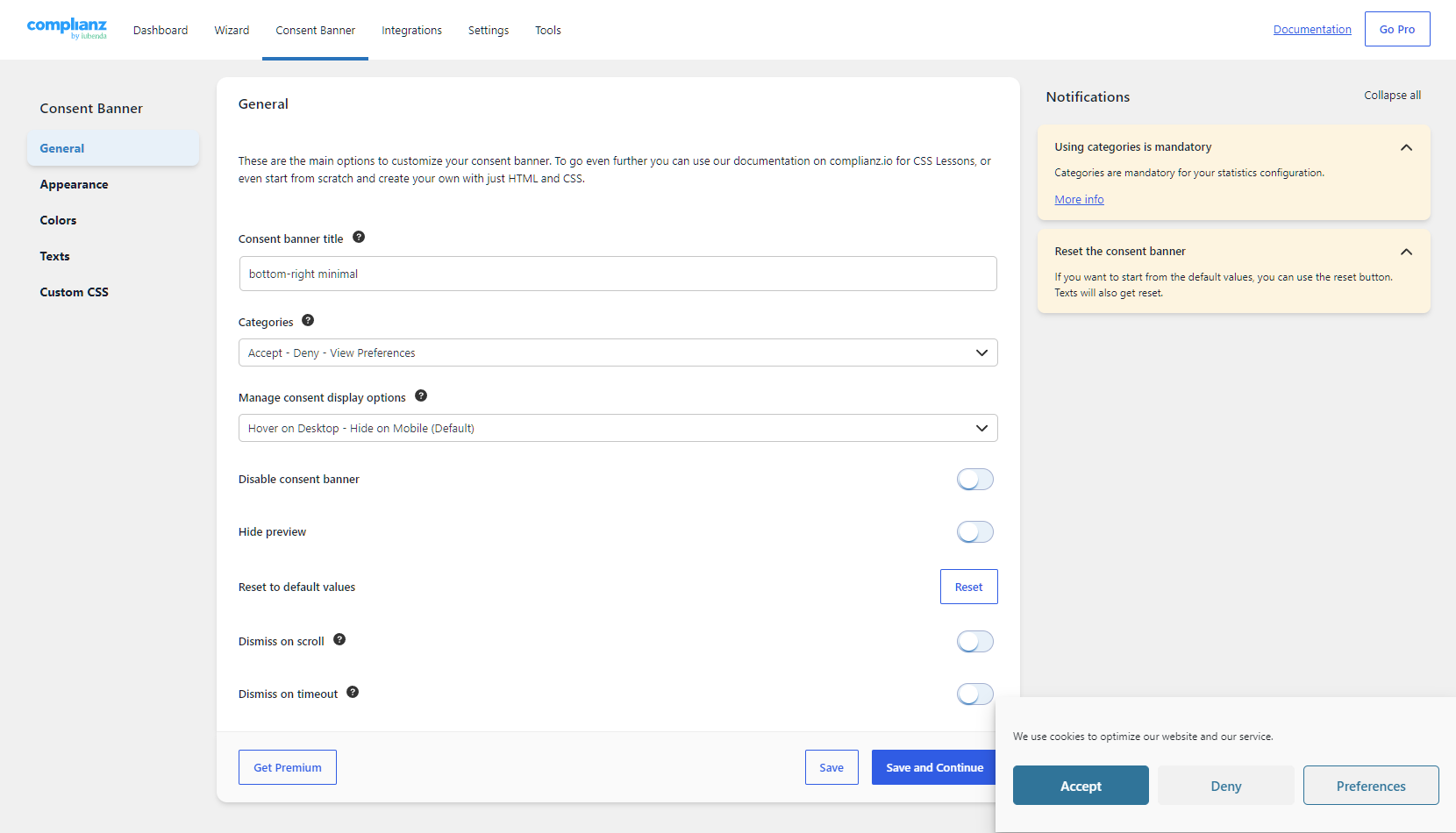 Complainz consent banner customization