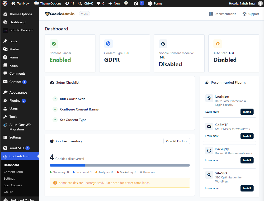 Cookieadmin dashboard