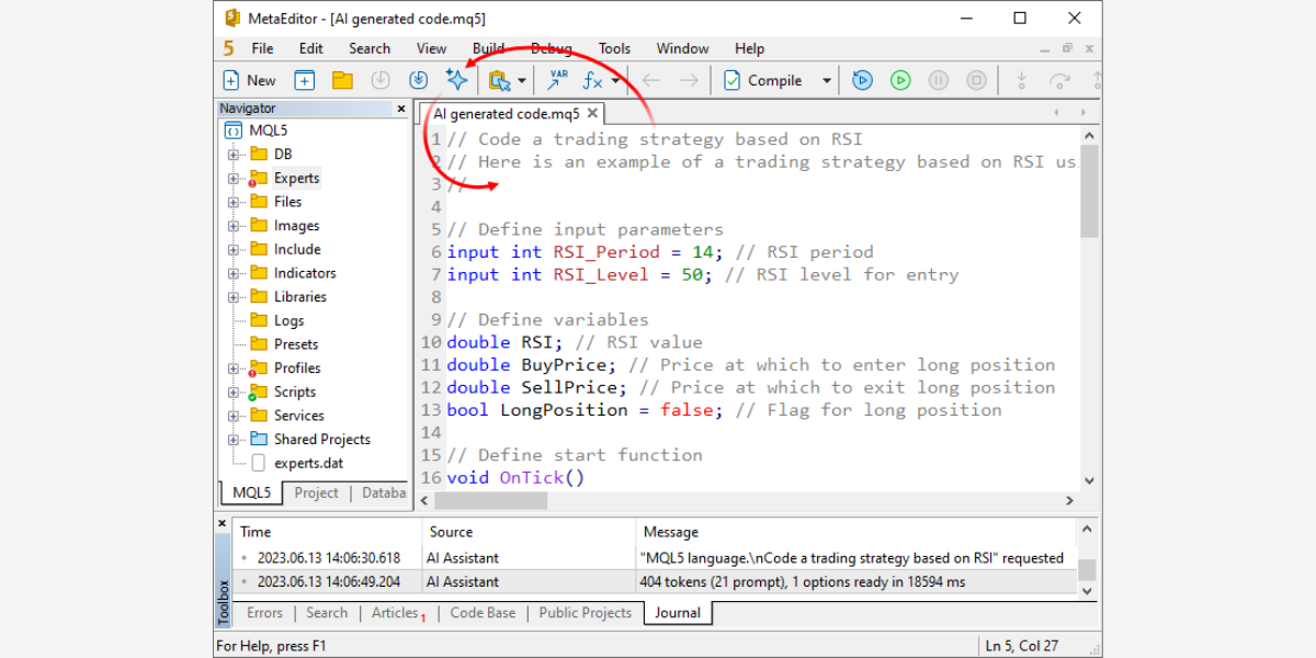 MetaEditor AI Assistant generating an RSI trading strategy in MQL5, with the AI button highlighted in the toolbar