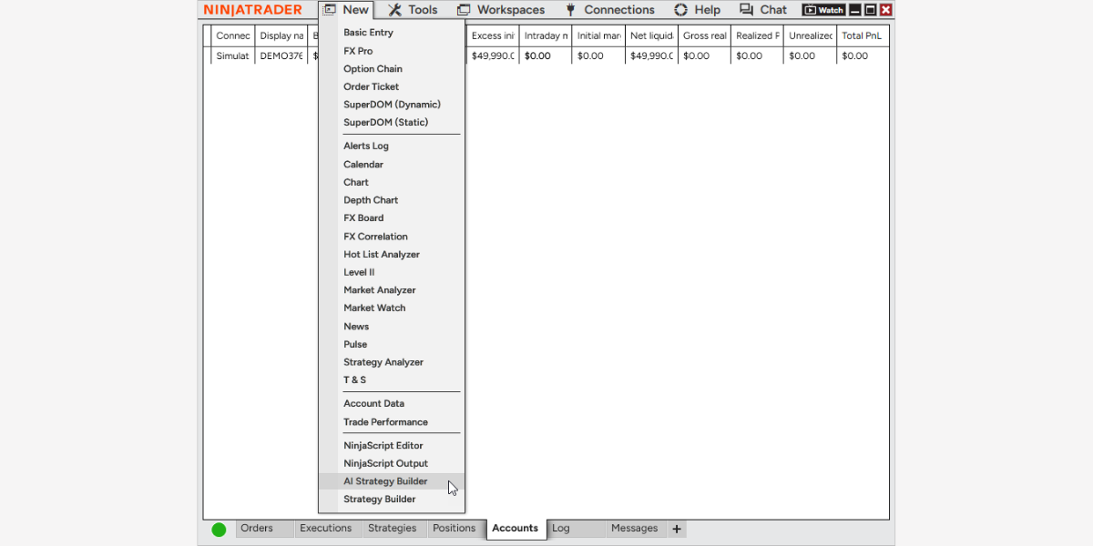 NinjaTrader Control Center New menu with the AI Strategy Builder option highlighted above Strategy Builder