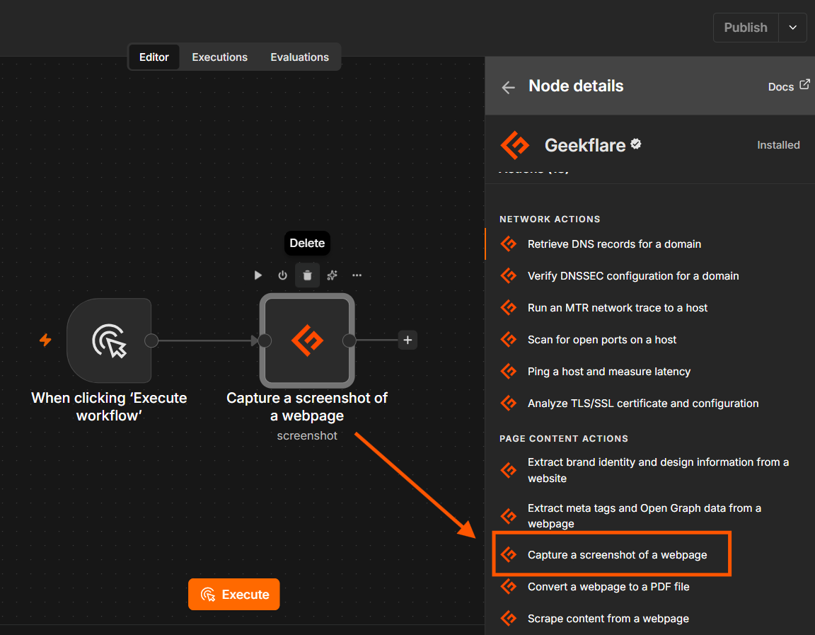 Capture a Screenshot of a webpage action in n8n