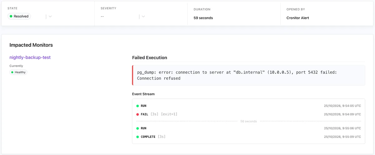 Cronitor issue for a failed execution showing the pg_dump error, exit code 1, and the run event stream