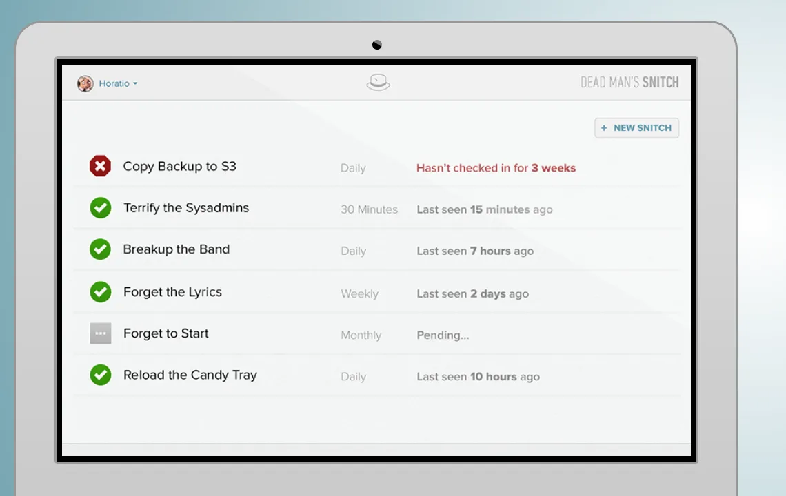 Dead Man's Snitch dashboard listing snitches with their intervals and last check-in times