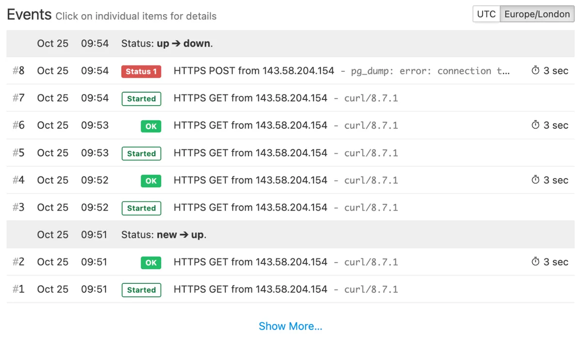 Healthchecks.io event log showing a failed run with exit status 1, the pg_dump error, and the status change to down