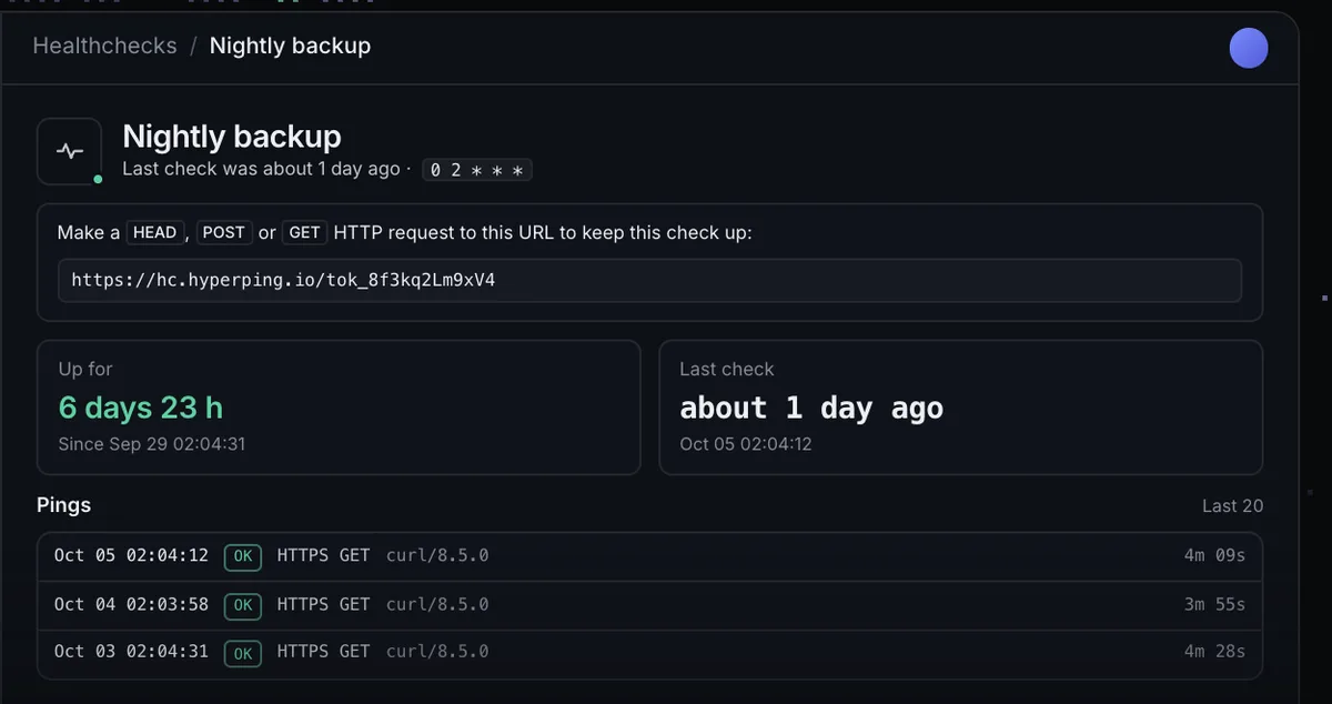 Hyperping healthcheck page for a nightly backup with ping URL, uptime, and recent pings