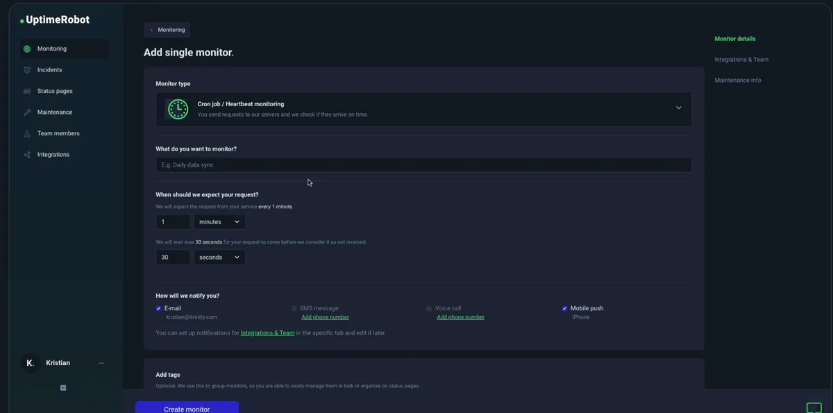 UptimeRobot add monitor form with the cron job heartbeat monitoring type selected
