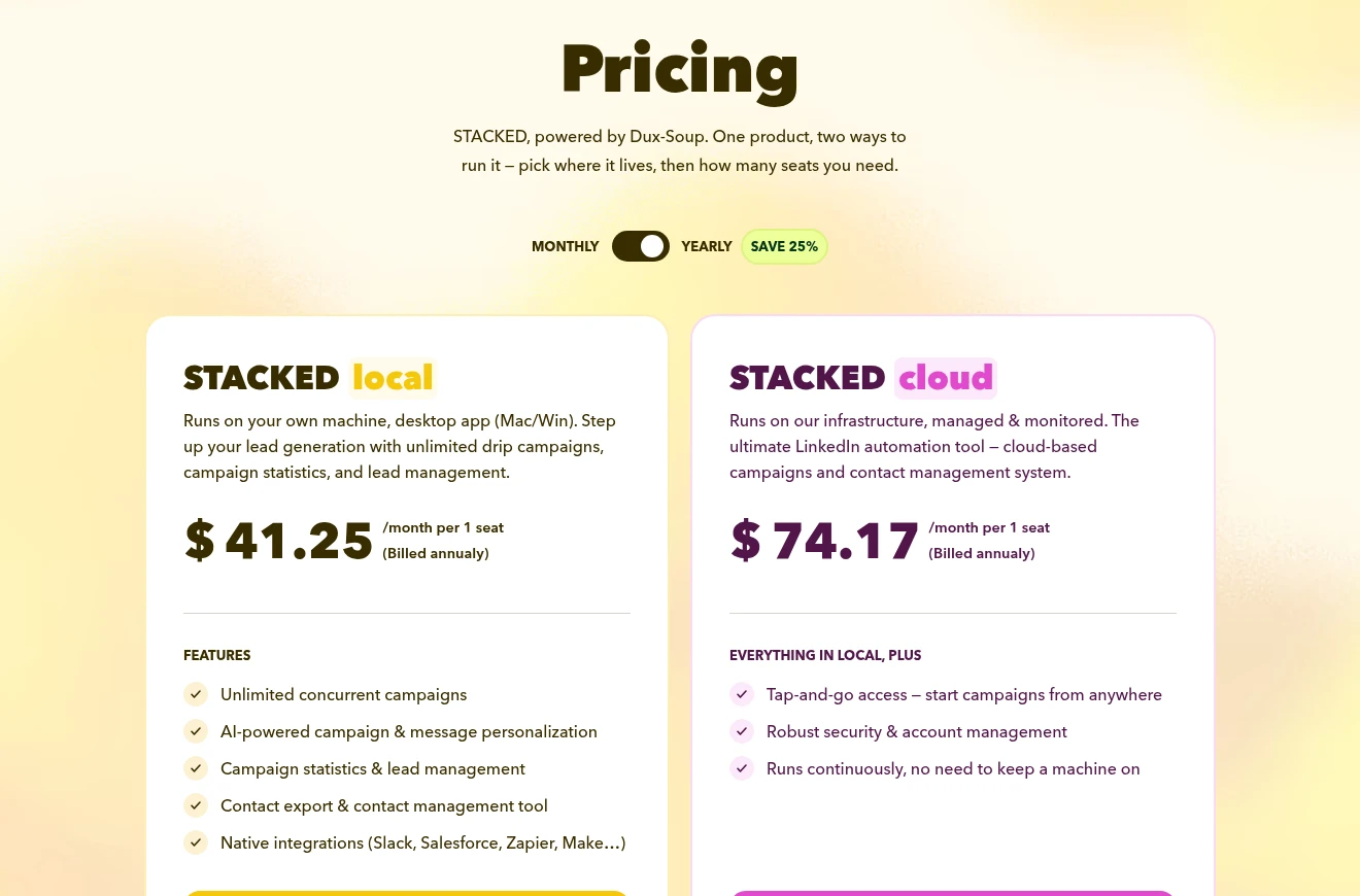 STACKED by Dux-Soup LinkedIn automation pricing plans