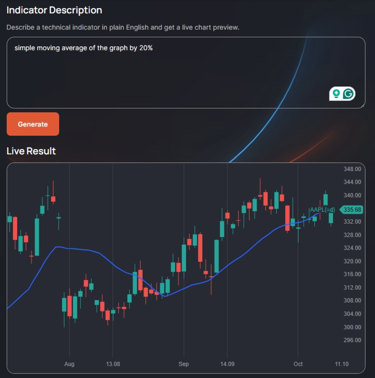 dxScript AI indicator generator turning a plain-English moving average prompt into a live AAPL candlestick chart preview