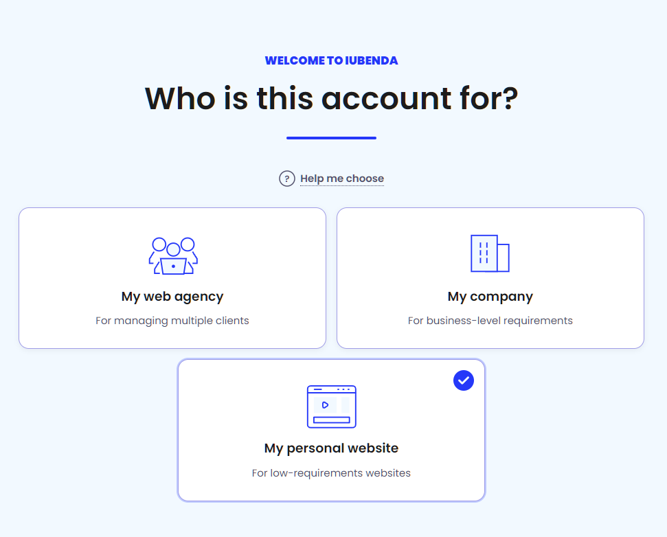 Iubenda initial setup site