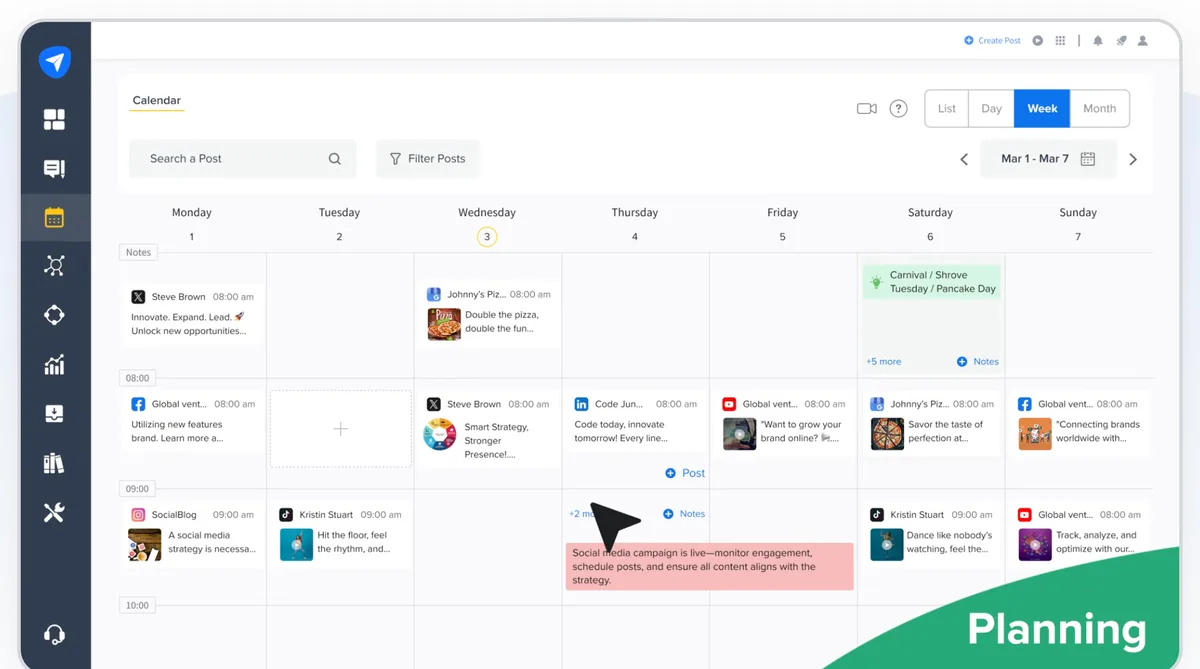 SocialPilot weekly content calendar with scheduled LinkedIn and other social posts