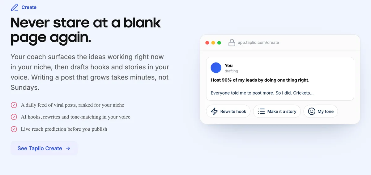 Taplio Create composer drafting a LinkedIn post with Rewrite hook, Make it a story, and My tone options