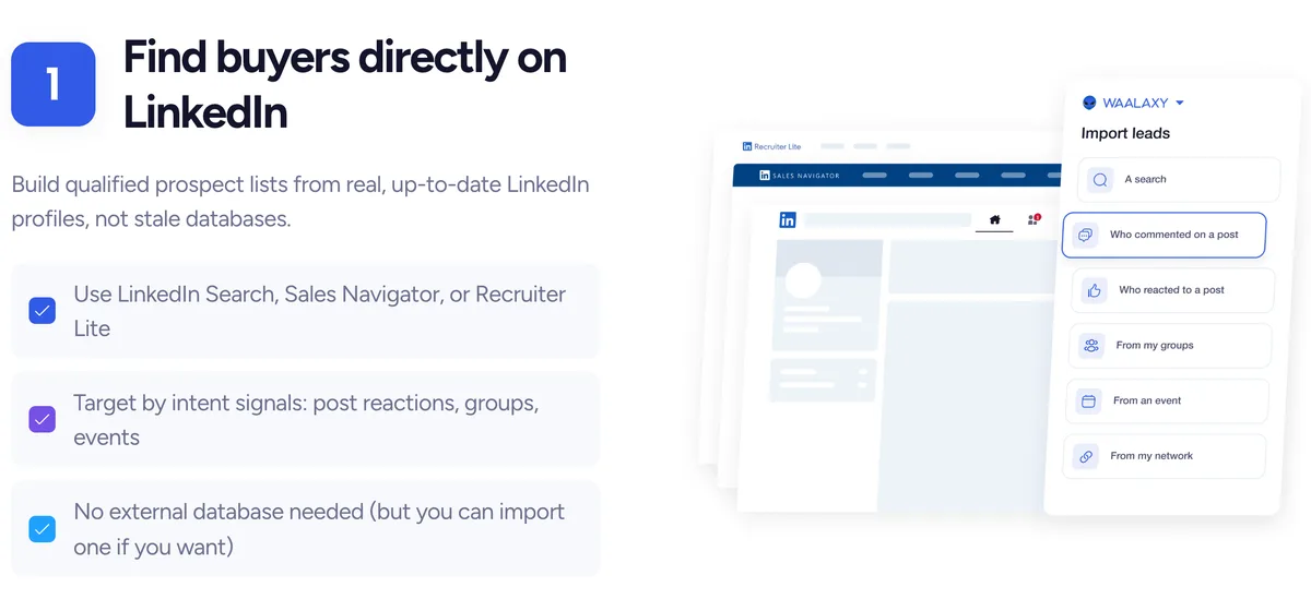 Waalaxy Import leads menu with options to import from a search, post commenters, reactions, groups, and events