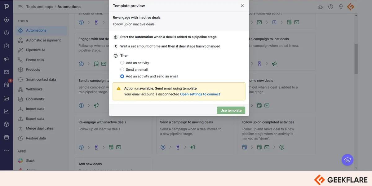 Pipedrive automation template preview for re-engaging inactive deals