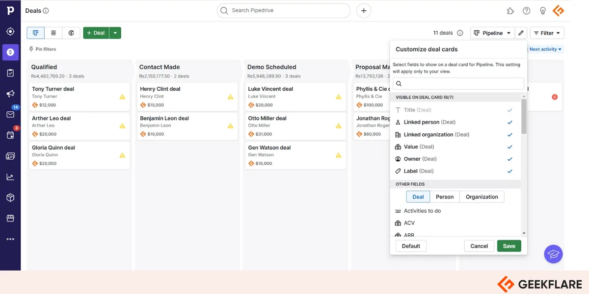 Customizing deal cards on the Pipedrive pipeline board