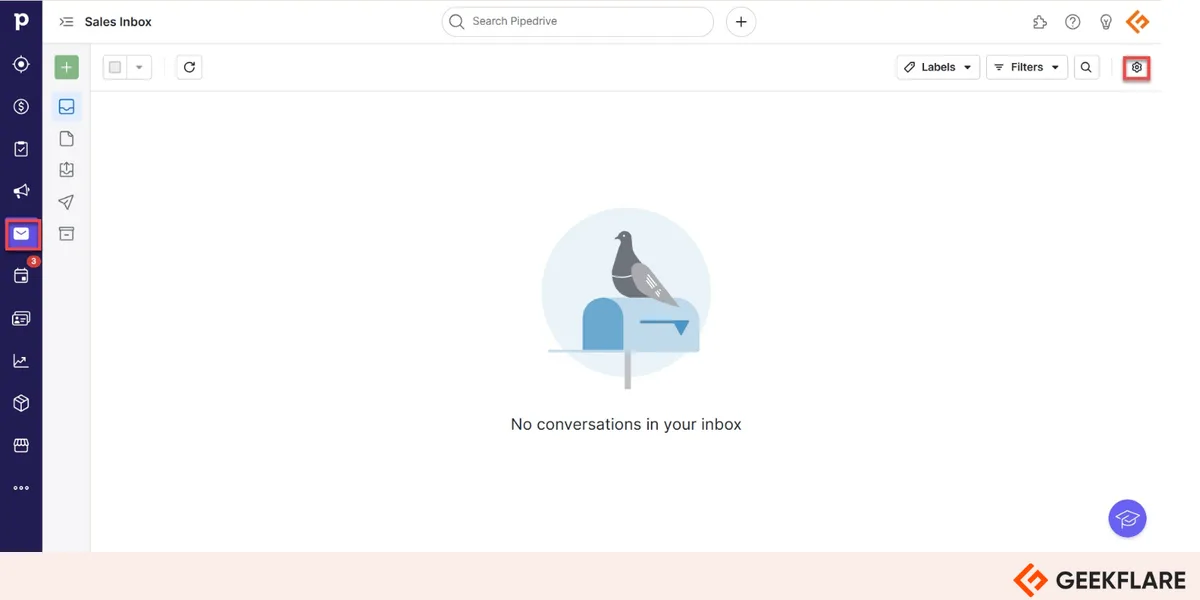 Pipedrive Sales Inbox with the settings icon for email sync