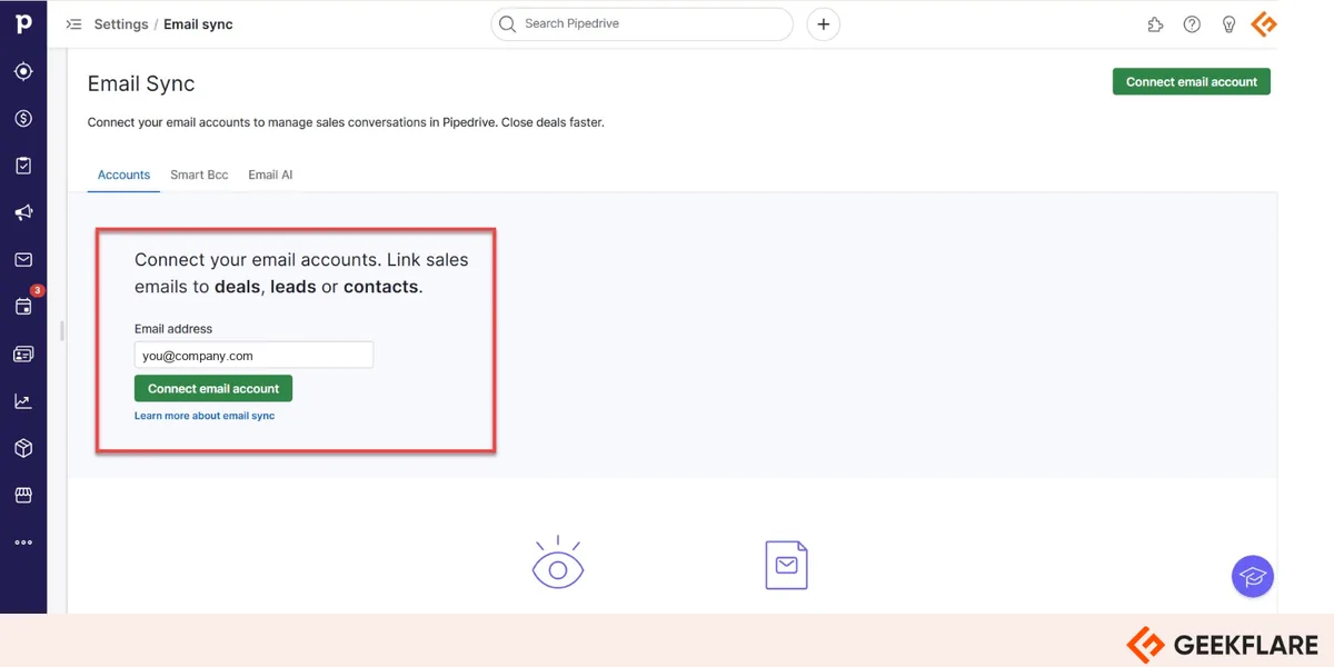 Pipedrive Email Sync page for connecting an email account