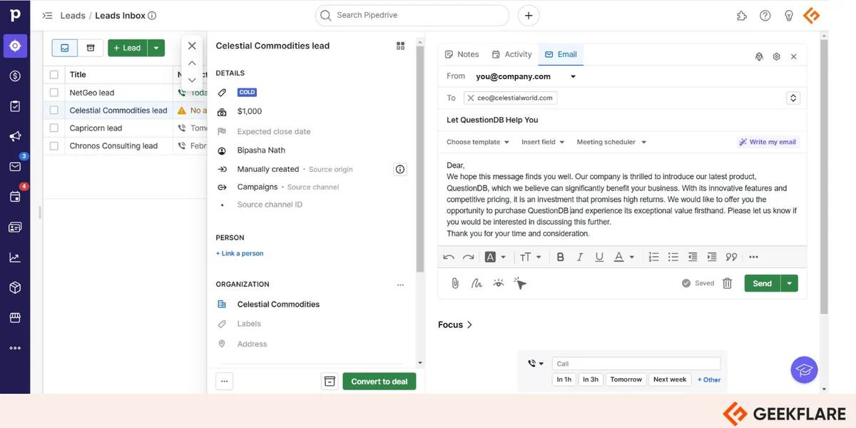 Writing an email to a lead from Pipedrive