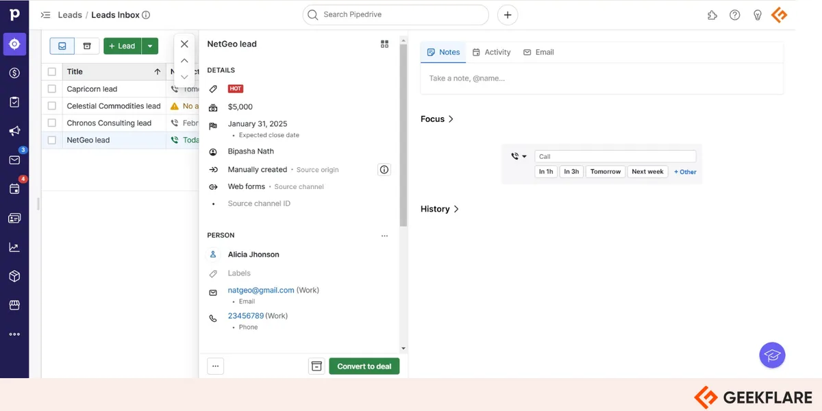 Pipedrive Leads Inbox with the add lead button