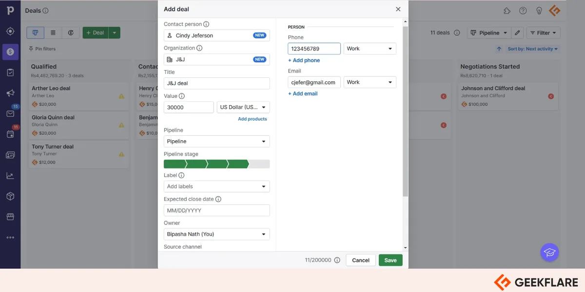 Adding a new deal to a Pipedrive pipeline stage