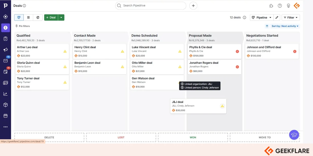 Dragging a deal between stages in Pipedrive