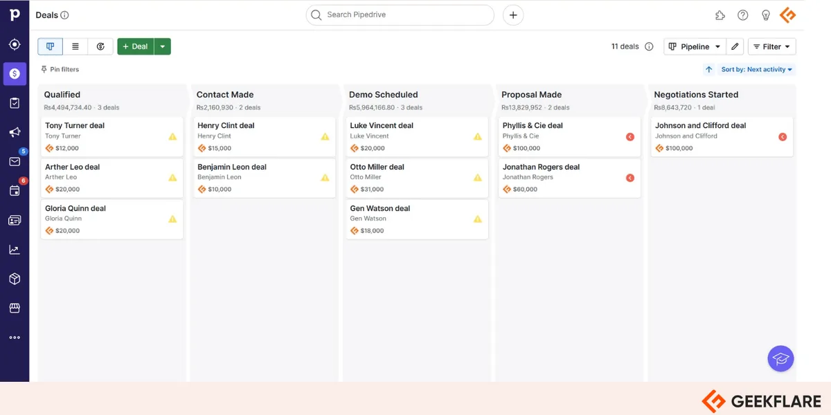 Pipedrive visual sales pipeline with deals in each stage