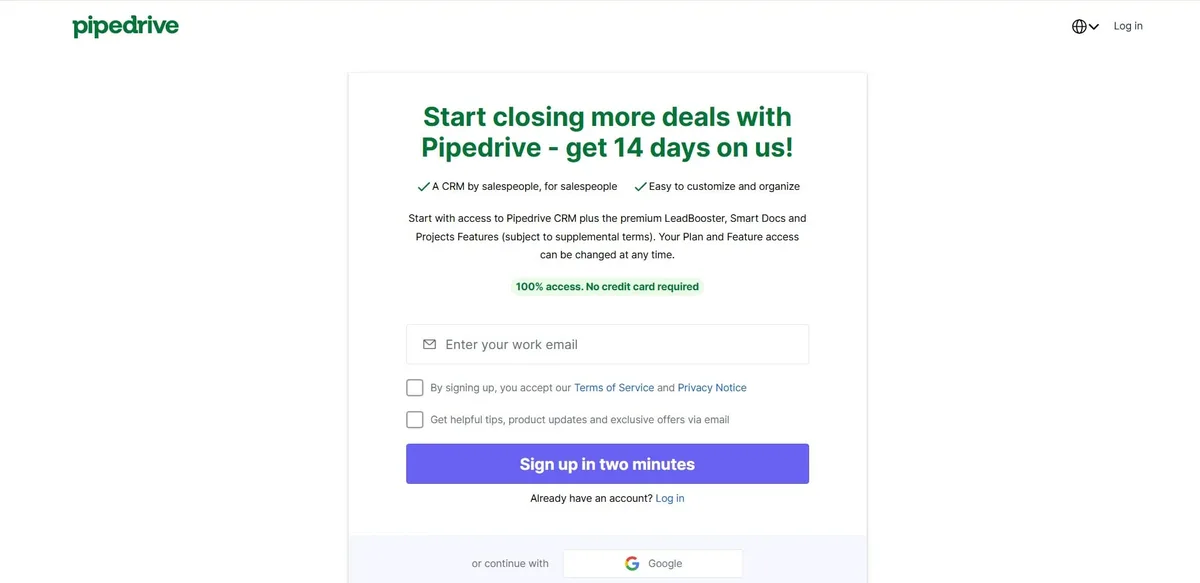 Pipedrive free trial sign-up page