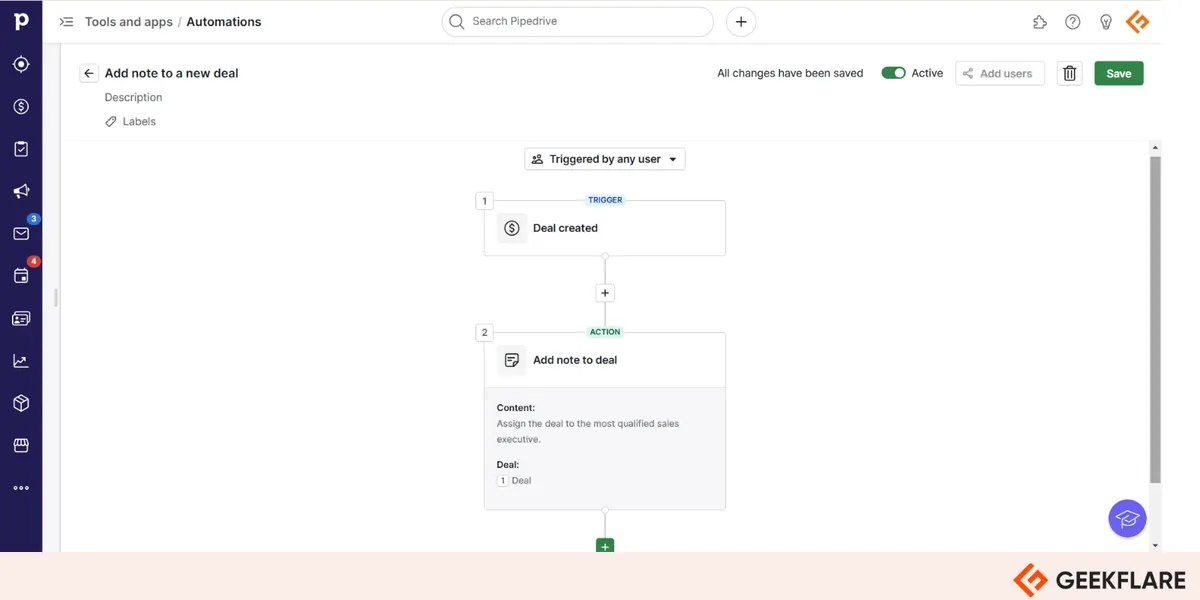 Pipedrive automation builder with a trigger and action