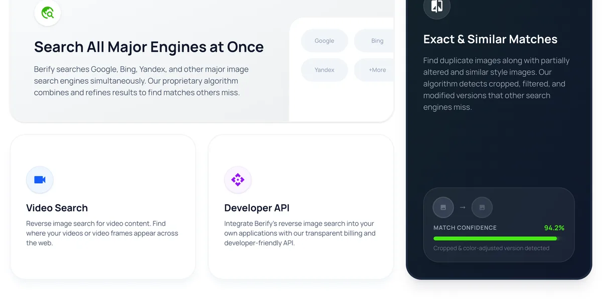 Berify features including multi-engine search, exact and similar matches, video search, and a developer API