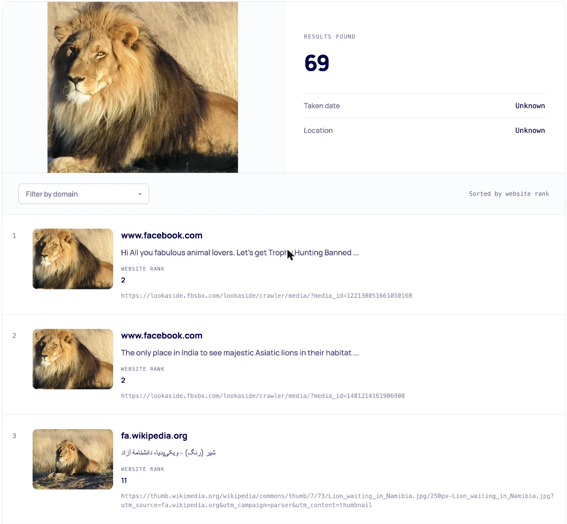 Copyseeker results showing 69 matches for the cropped lion photo with a Wikipedia page linking to Wikimedia Commons