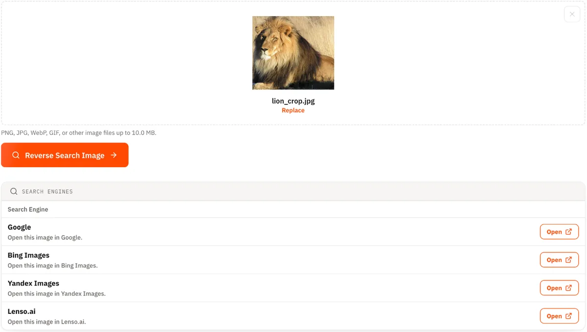 Geekflare Reverse Image Search with an uploaded lion photo and buttons to open it in Google, Bing, Yandex, and Lenso.ai
