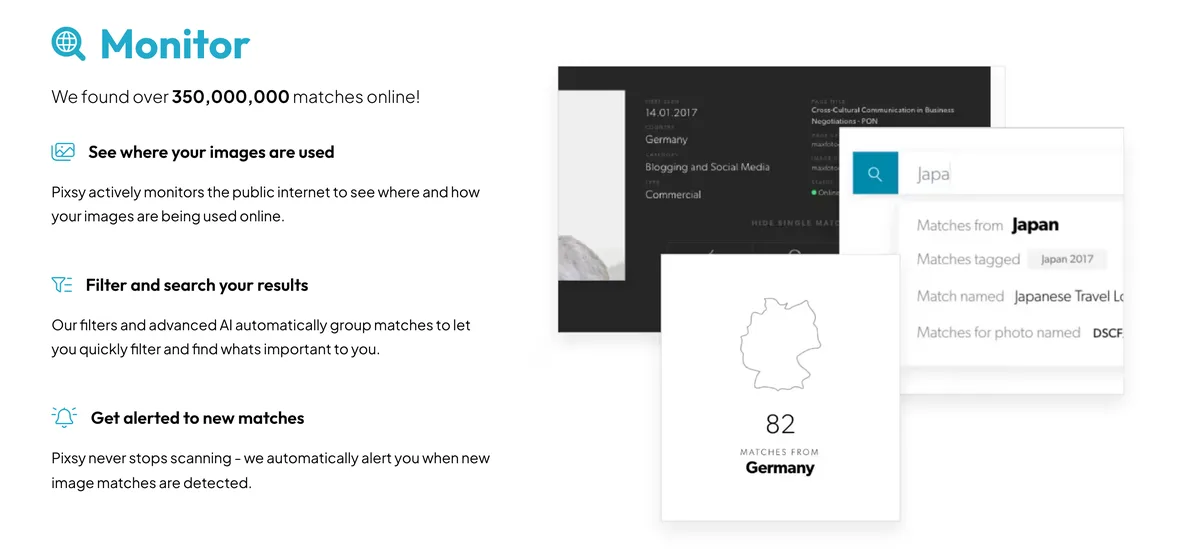 Pixsy monitoring dashboard with image matches filtered by country and tags