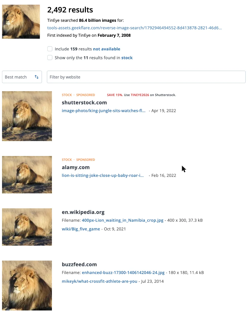 TinEye results showing 2,492 matches for the cropped lion photo, first indexed in February 2008